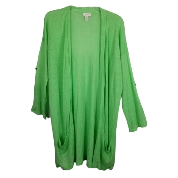 Chico's Sweaters - Chicos Womens Linen Open Cardigan Sweater Size 1 Medium Long Line Roll Tab Green